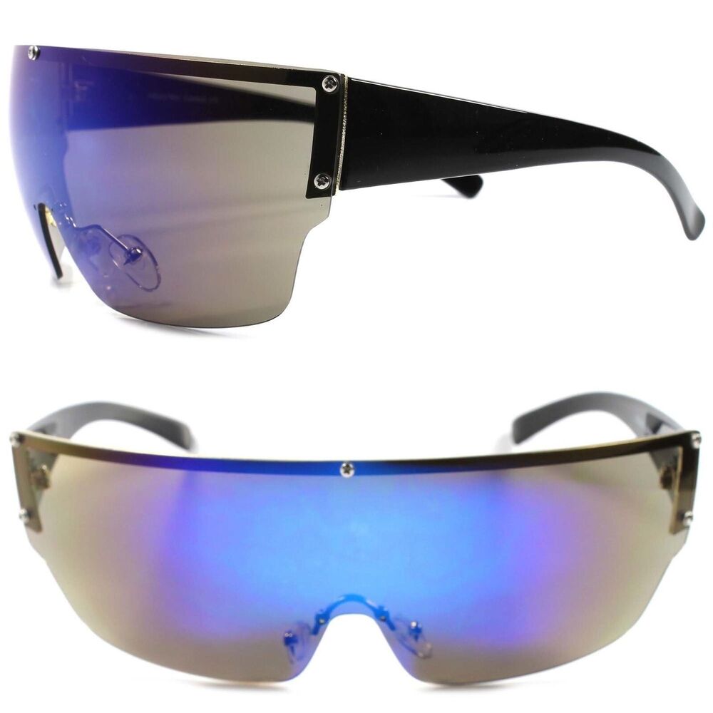 Party Rave Costume Wrap Around Shield Futuristic Blue Mirrored Lens Sunglasses